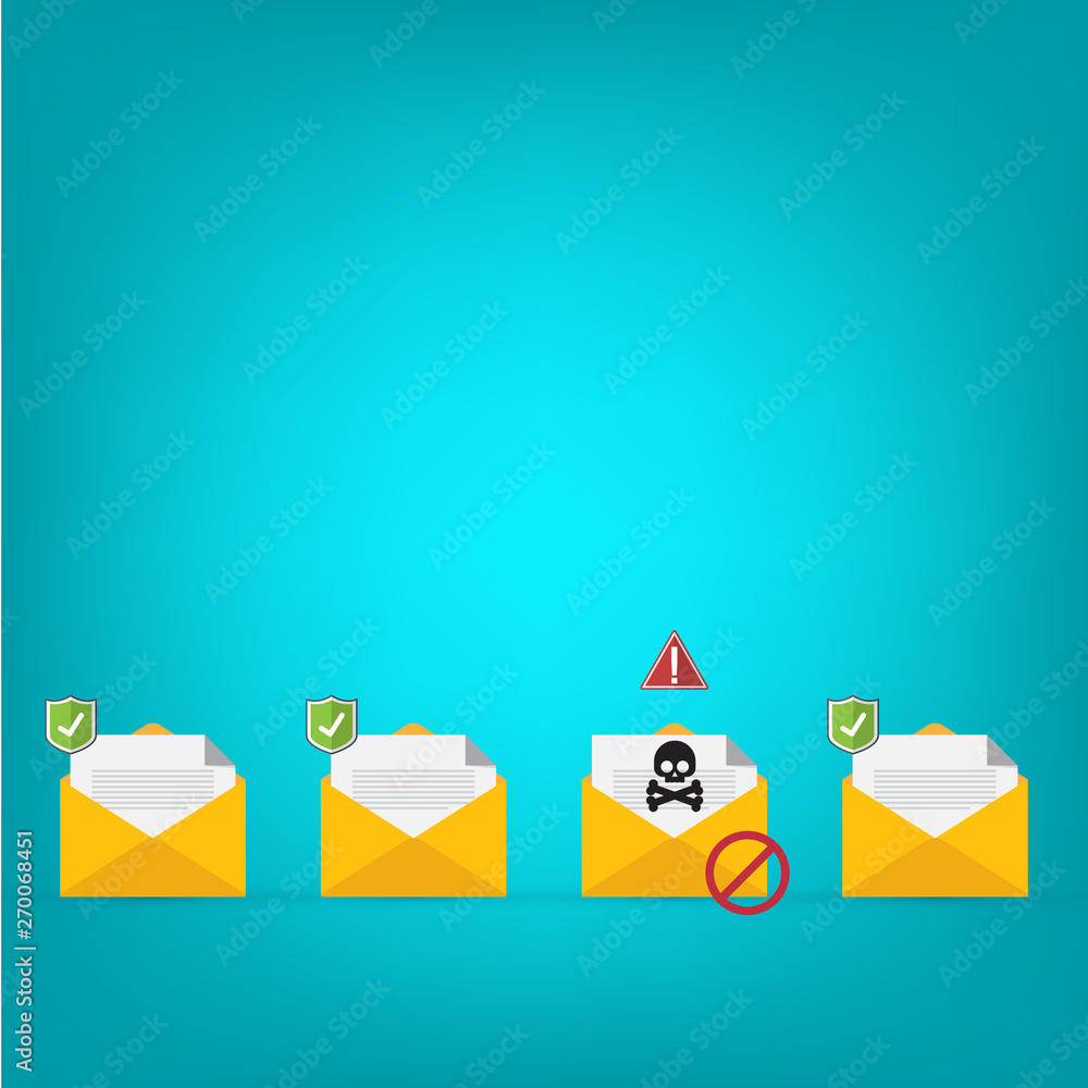 Fototapeta premium Email / envelope with black document and skull icon. Virus, malware, email fraud, e-mail spam, phishing scam, hacker attack concept. Vector illustration