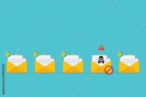 Email / envelope with black document and skull icon. Virus, malware, email fraud, e-mail spam, phishing scam, hacker attack concept. Vector illustration