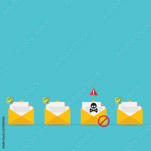 Email / envelope with black document and skull icon. Virus, malware, email fraud, e-mail spam, phishing scam, hacker attack concept. Vector illustration