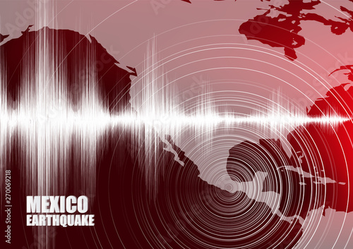 Mexico Earthquake Wave with Circle Vibration on Red World Map background,audio wave diagram concept,design for education,science and news,Vector Illustration.