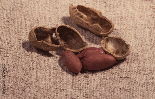 Fototapeta Naklejka Na Ścianę i Meble -  Composition of peanuts  to make oil, peanut butter. Great for healthy and dietary nutrition. Concept of: condiments, dried fruit, food.