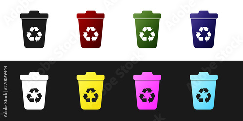 Set Recycle bin with recycle symbol icon isolated on black and white background. Trash can icon. Garbage bin sign. Recycle basket sign. Vector Illustration