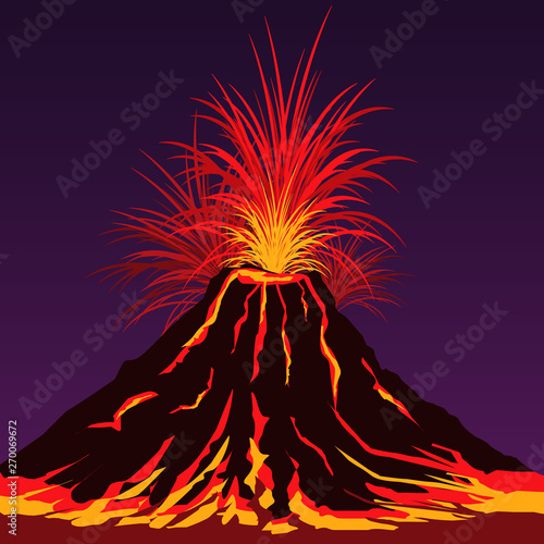 Volcano mountain with burning lava,volcano eruption and earthquake concept on dark sky.
