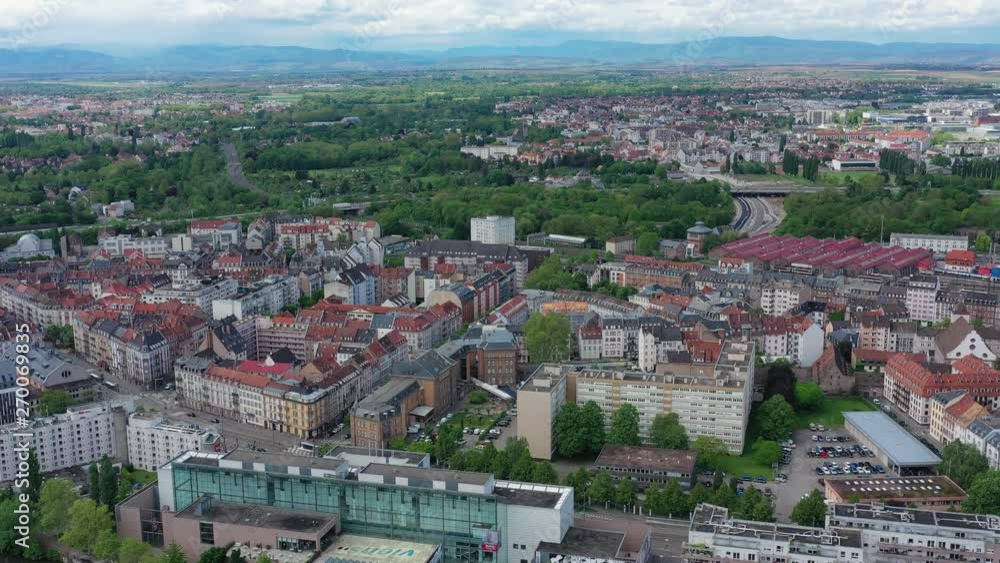 Aerial view of cityscape of Strasbourg, city outskirts, parks and residential areas - landscape panorama of France from above, Europe Aerial view of cityscape of Strasbourg, city outskirts, parks and residential areas - landscape panorama of France from above, Europe