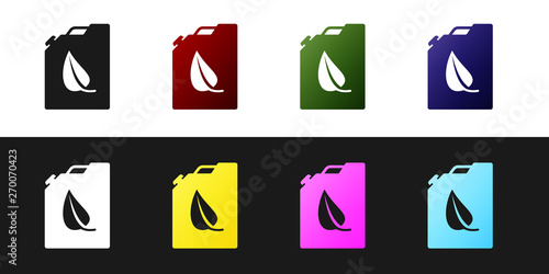 Set Bio fuel canister icon isolated on black and white background. Eco bio and barrel. Green environment and recycle. Vector Illustration
