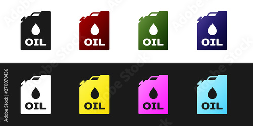 Set Plastic canister for motor machine oil icon isolated on black and white background. Oil gallon. Oil change service and repair. Engine oil sign. Vector Illustration