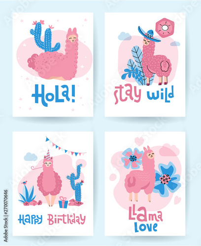 Llama and alpaca collection of cute hand drawn illustrations, greeting cards and design for nursery design, poster. Super cute bright print set. Lettering qoutes Happy birthday, hola, llama love, stay