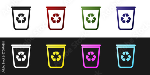 Set Recycle bin with recycle symbol icon isolated on black and white background. Trash can icon. Garbage bin sign. Recycle basket sign. Vector Illustration