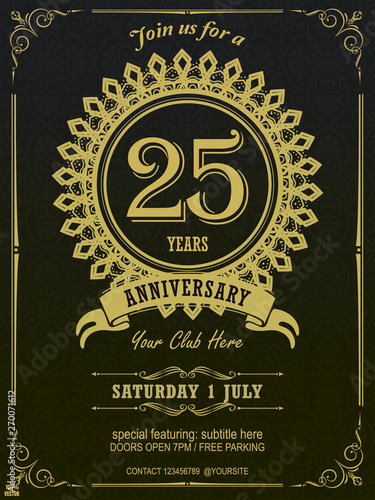 25 Anniversary elegant YELLOW colored logo with geometric pattern framed in FLORAL FRAME isolated on dark background, vector design for celebration, invitation, greeting card