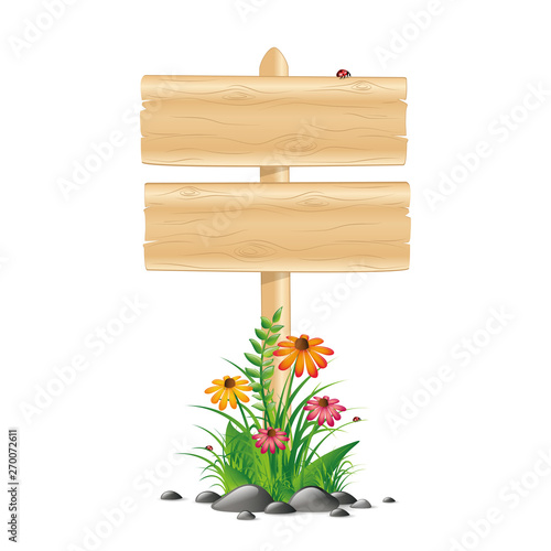 blank wooden sign board with colorful flowers and grass on white background vector illustration EPS10