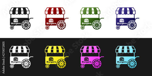 Set Fast street food cart with awning icon isolated on black and white background. Burger or hamburger icon. Urban kiosk. Vector Illustration