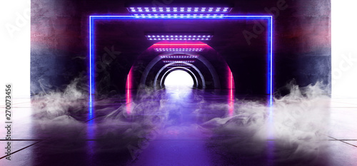 Smoke Sci Fi Circle Neon Glowing Vibrant Laser Beam Virtual Lights Purple Blue FLuorescent On Concrete Grunge Underground Tunnel White Glow Corridor 3D Rendering