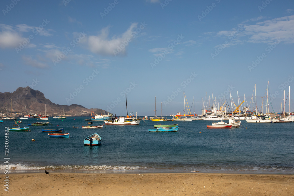 Colorful boats in the marina, the bay of Mindelo, Cape Verde.