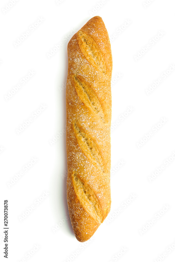 Freshly baked artisan whole baguette with golden crusty floury