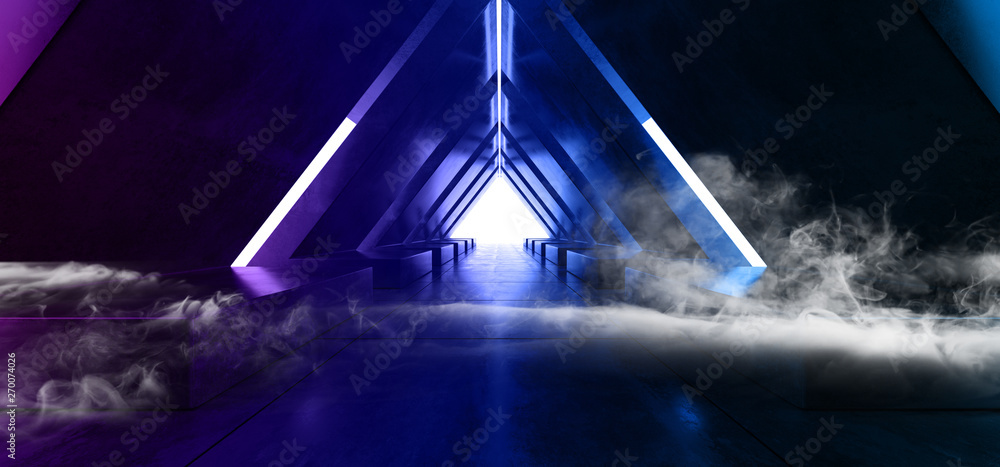Smoke Sci Fi Triangle Spaceship Neon Glowing Laser Beam Virtual Lights Blue Purple Fluorescent On Concrete Grunge Underground Tunnel White Glow Corridor 3D Rendering