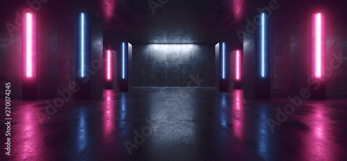 Dark Futuristic Sci Fi Alien Spaceship Neon Club Retro Stage Concrete Grunge Reflective Fluorescent Purple Blue Laser Beam Tube Lights Garage 3D Rendering