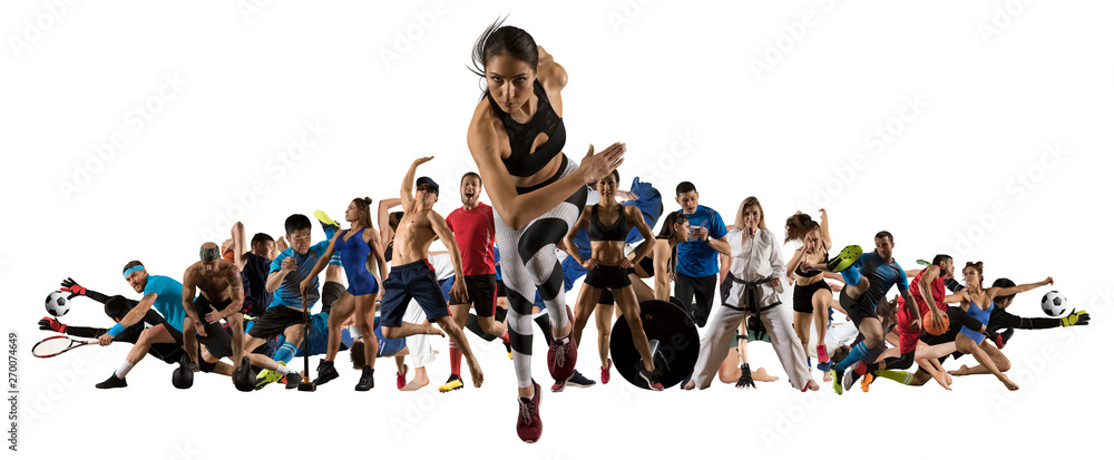 Fototapeta Sport collage. Tennis, soccer, taekwondo, bodybuilding, MMA fighter and basketball players