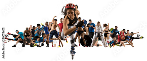 Fototapeta Naklejka Na Ścianę i Meble -  Sport collage. Tennis, soccer, taekwondo, bodybuilding, MMA fighter and basketball players