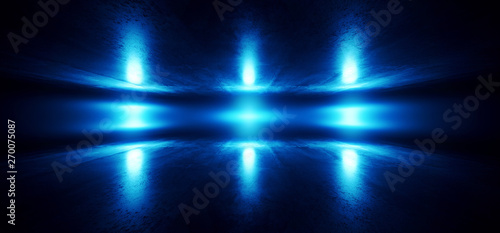 Fototapeta Naklejka Na Ścianę i Meble -  Futuristic Spaceship Stage Sci Fi Neon Glowing Blue Laser Chaotic Abstract Virtual Fluorescent Dark Grunge Concrete Tunnel Corridor Hallway Underground 3D Rendering