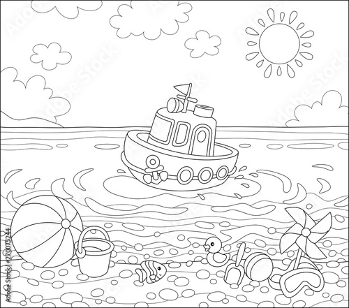 Funny ship floating in water and other baby toys on sand of a sea beach on a sunny summer day, black and white vector illustration in a cartoon style for a coloring book