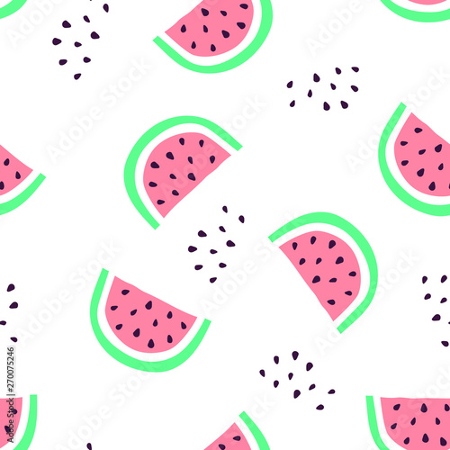 Summer seamless pattern with watermelon slices and seeds.