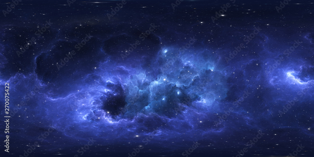 360 degree space background with nebula and stars, equirectangular projection, environment map. HDRI spherical panorama.