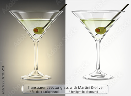 Transparent vector glass with Martini and olive for dark and light background