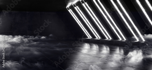 Smoke Futuristic Sci Fi Neon Glowing White Laser Shaped Abstract Virtual Fluorescent Dark Glossy Tunnel Corridor Hallway Underground 3D Rendering