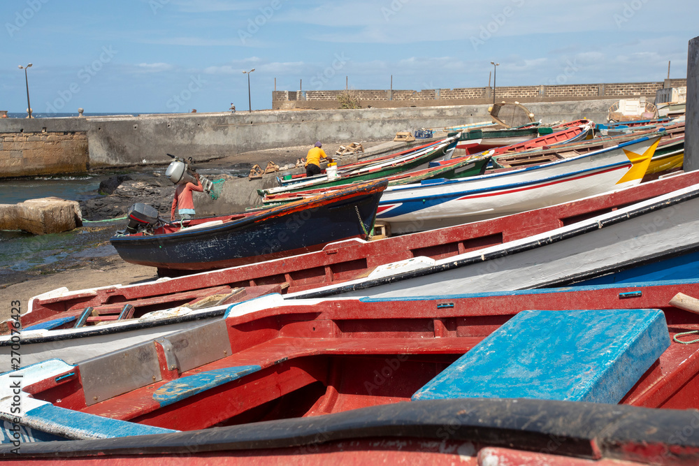 Fishing boats on the beach of Ponta do Sol , on the island of San Antao.