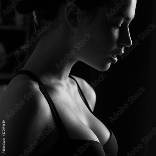 Woman portrait. Black and white photo.