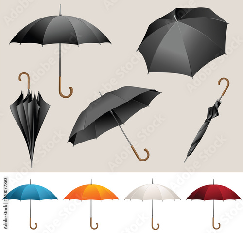 Collection of opened, folded, top view vector black umbrellas