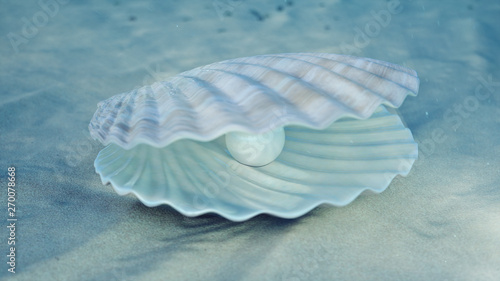 Mother of pearls underwater. Sea shell underwater. Beautiful pearls, expensive jewelry. Oysters and pearls on the underwater sandy seabed. Sunlight beams and shine through water, 3D Illustration