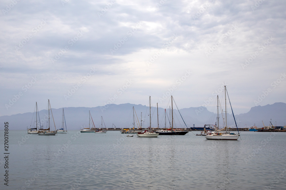 Boats in the marina, the bay of Mindelo, Cape Verde.