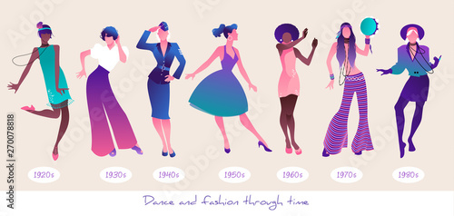 Dance and Fashion through time. Set seven women dancing wearing clothes from different eras, from the twenties to the 80s