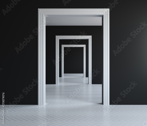 Abstract empty room with wall, floor, ceiling without, 3D illustration. 