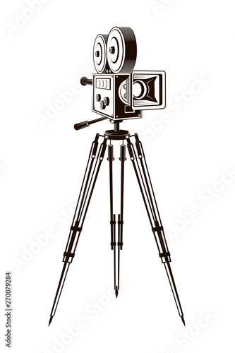 monochrome illustration of movie camera isolated on white background