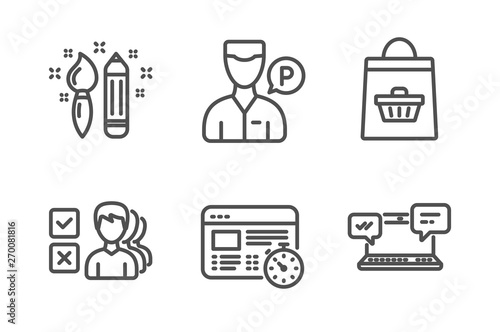 Opinion, Creativity and Online buying icons simple set. Valet servant, Web timer and Internet chat signs. Choose answer, Graphic art. Business set. Line opinion icon. Editable stroke. Vector