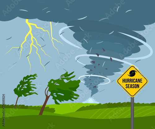 A devastating tornado in the countryside is breaking trees. bad weather landscape and road sign of disaster and warning.