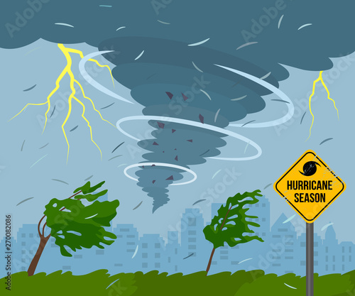 A devastating tornado in the city is breaking trees. bad weather landscape and road sign of disaster and warning.