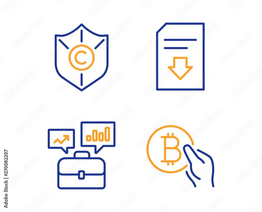 Obraz premium Business portfolio, Copyright protection and Download file icons simple set. Bitcoin pay sign. Job interview, Shield, Load document. Cryptocurrency coin. Business set. Linear business portfolio icon