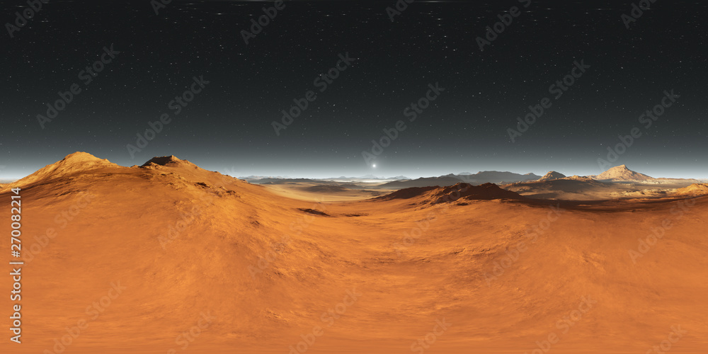 360 degree Martian landscape panorama, Mars sunset, environment HDRI map. Equirectangular spherical projection