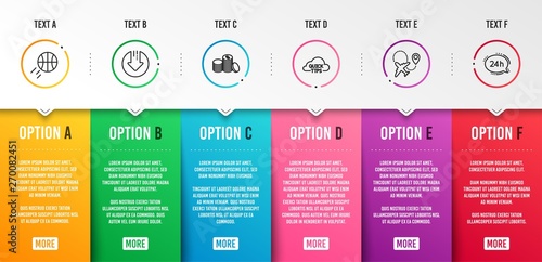 Basketball, Airplane and Banking money icons simple set. Download arrow, Quick tips and 24h service signs. Sport ball, Plane. Business set. Infographic template. 6 steps timeline. Business options