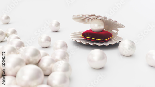 Εκτύπωση καμβά Sea shell with pearl on a soft red velvet pillow with a gold stroke