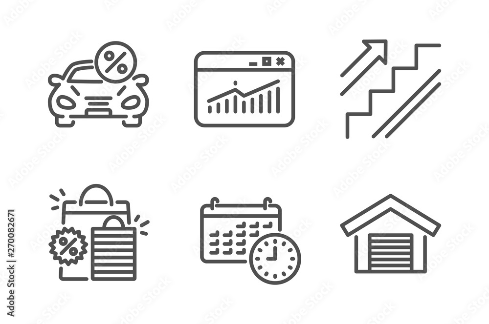Calendar, Website statistics and Car leasing icons simple set. Stairs, Shopping bags and Parking garage signs. Time, Data analysis. Business set. Line calendar icon. Editable stroke. Vector