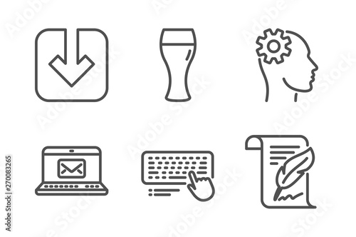 E-mail, Beer glass and Computer keyboard icons simple set. Engineering, Load document and Feather signs. New message, Brewery beverage. Business set. Line e-mail icon. Editable stroke. Vector