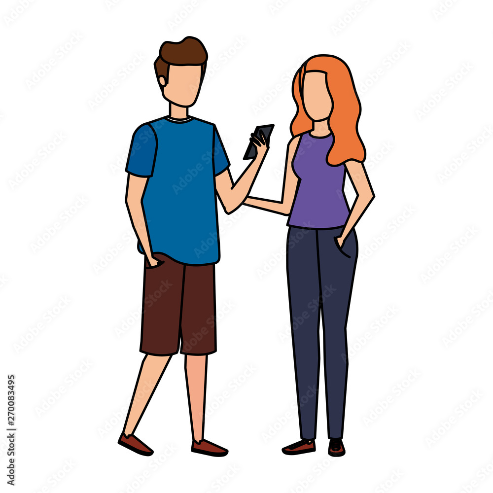 young couple using smartphone characters young couple using smartphone characters