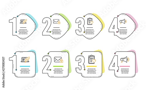 Copyright laptop, Patient history and Secure mail icons simple set. Megaphone sign. Writer device, Medical survey, Private e-mail. Advertisement. Business set. Infographic timeline. Vector