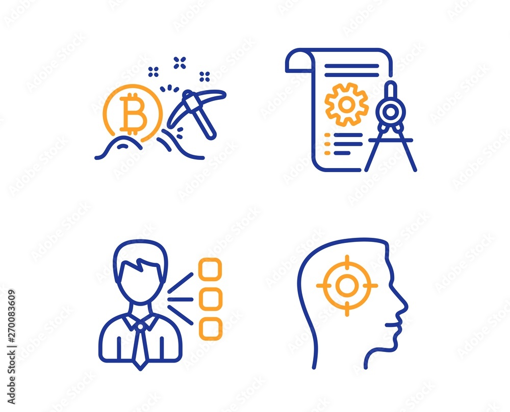 Third party, Bitcoin mining and Divider document icons simple set. Recruitment sign. Team leader, Cryptocurrency pickaxe, Report file. Headhunter aim. Business set. Linear third party icon. Vector