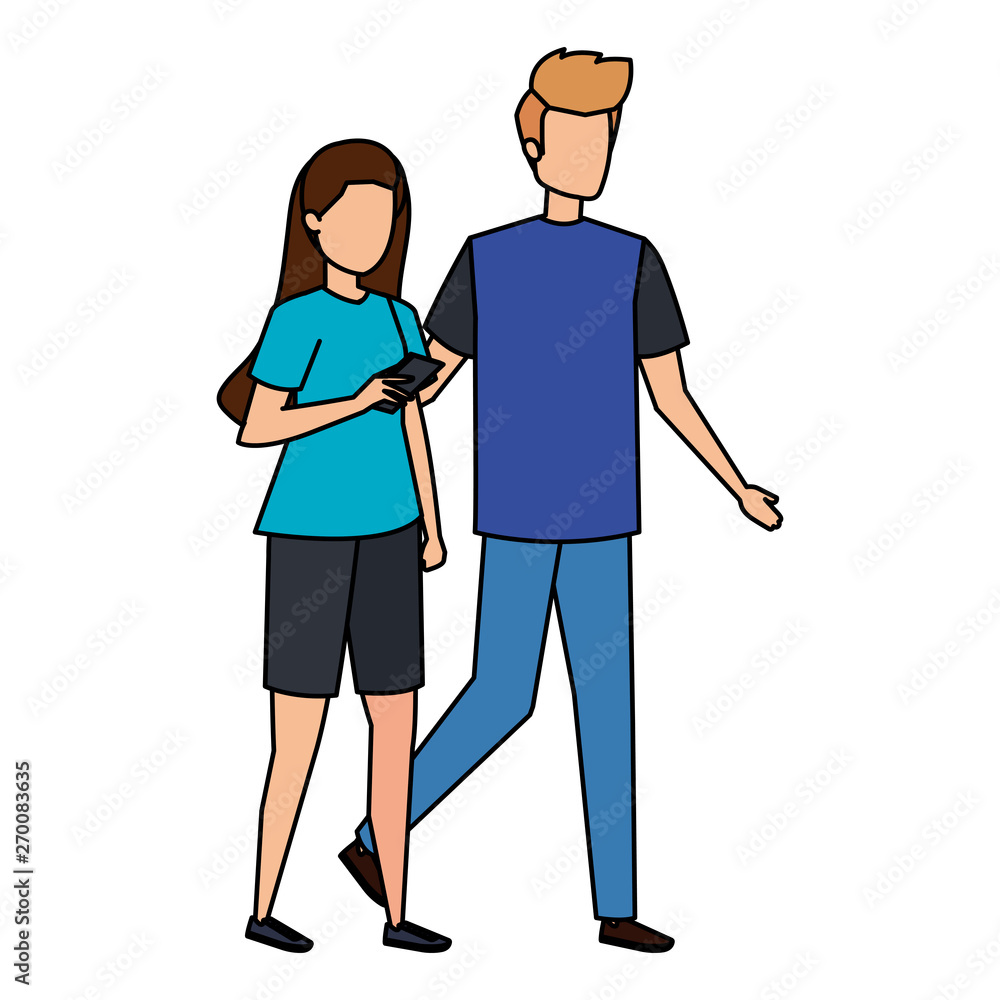 young couple using smartphone characters young couple using smartphone characters