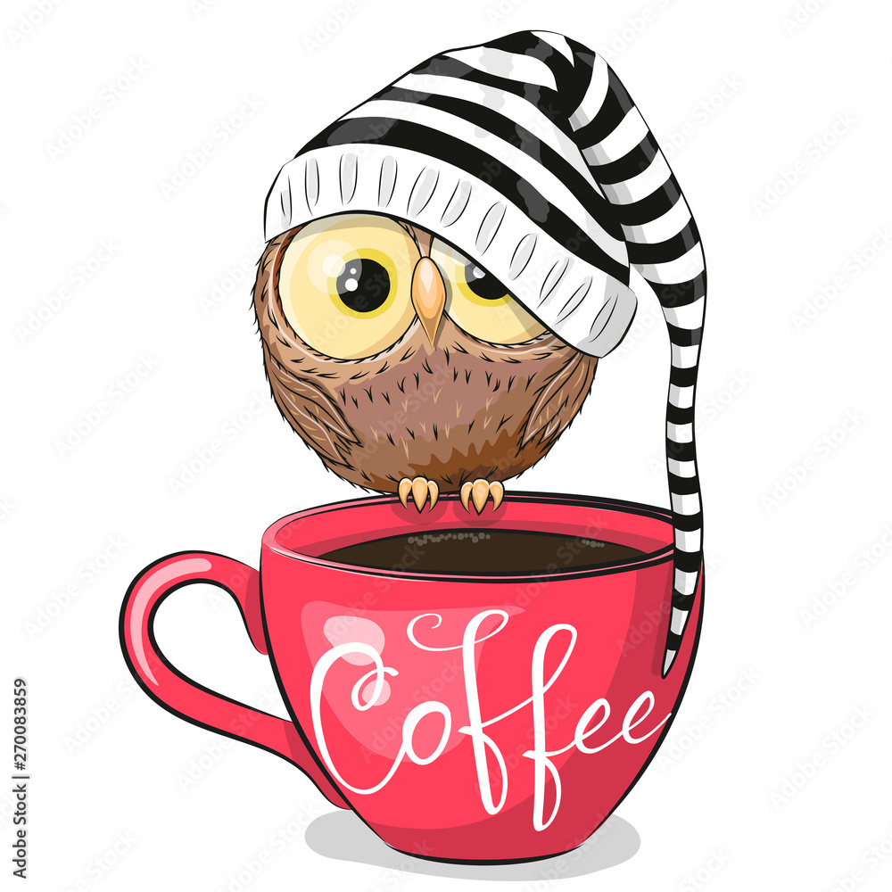 Fototapeta Animowana sowa siedzi na filiżance kawy